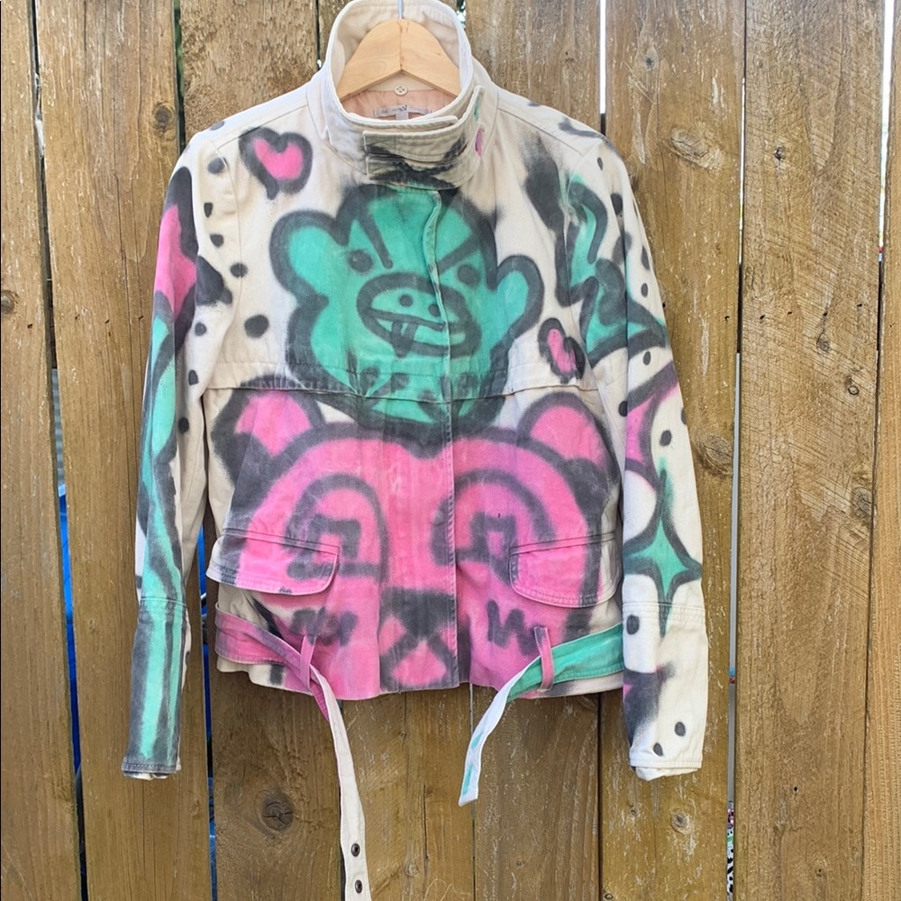 Colorful Graffiti Jacket cream denim painted bright green pink bear bird & heart